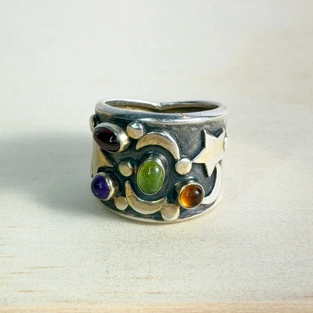 Boho Luxe Sterling Silver Multi-Gemstone Celestial Star Moon Cigar Band Ring 7